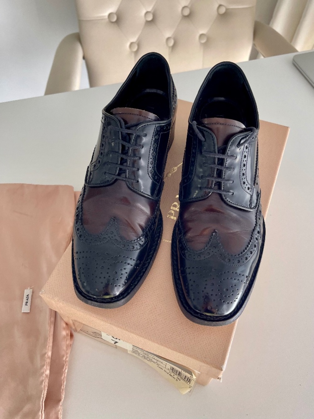 Prada Two Tone Leather Oxford Shoes Size 37 Black Brown